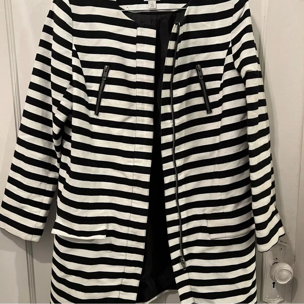 Halogen Black White Stripe Long Front Zip Lined Jacket Duster Size S